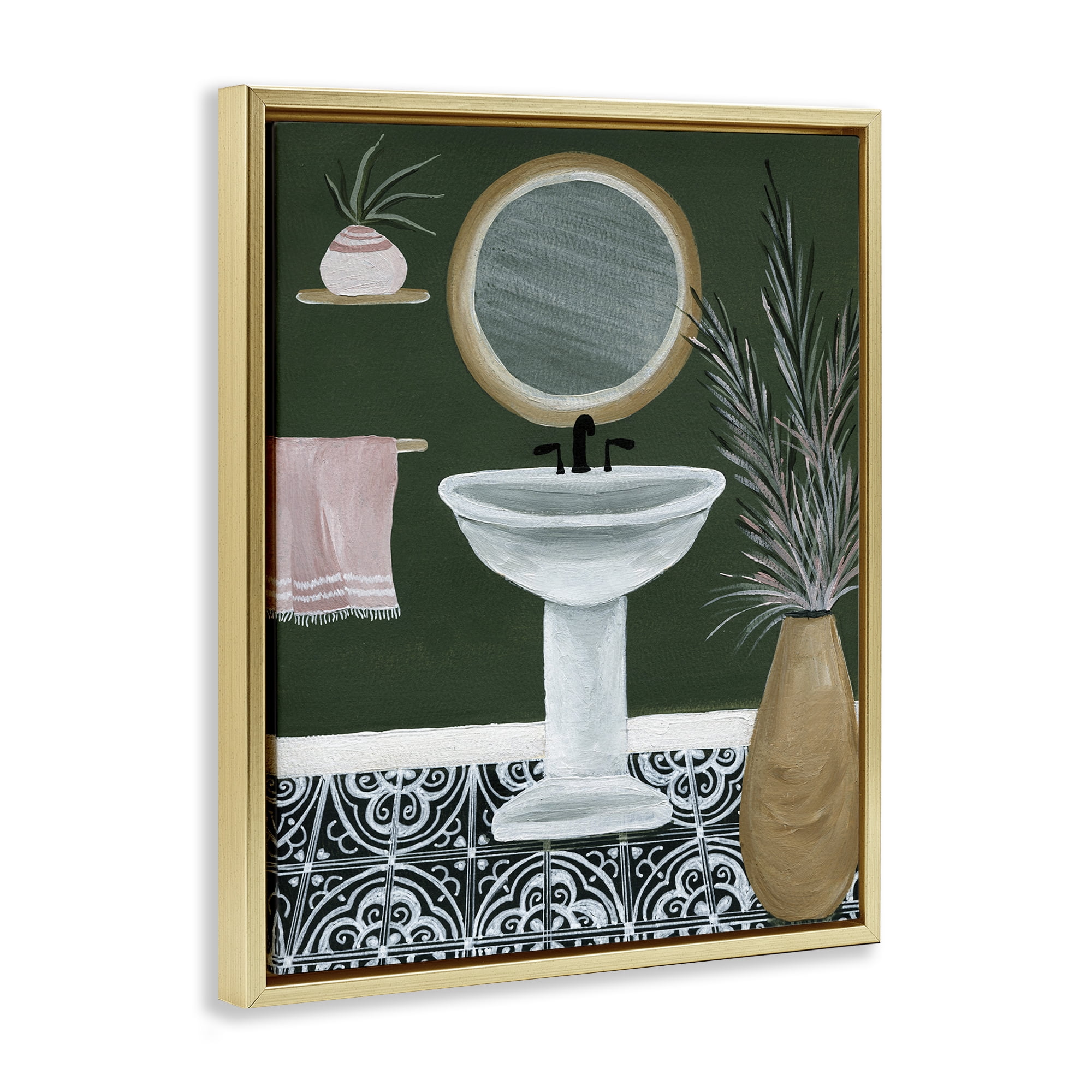 Stupell Industries Chic Green Bathroom Typography Painting Gold Floater Framed Canvas Art Print Wall Art, 17 x 21