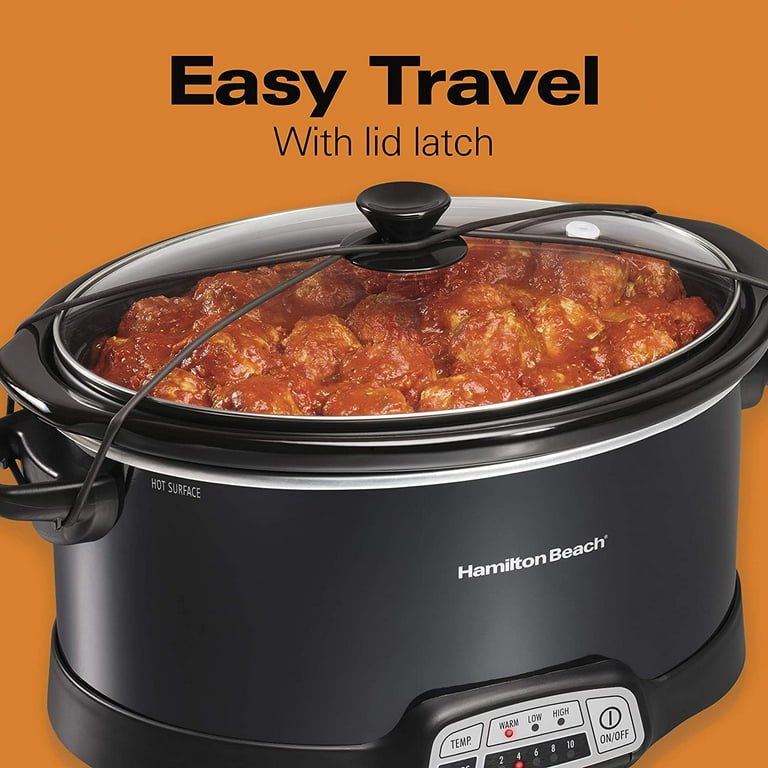 Portable 7 Quart Programmable Slow Cooker with Three Temperature Settings,  Lid Latch Strap for Easy Travel 