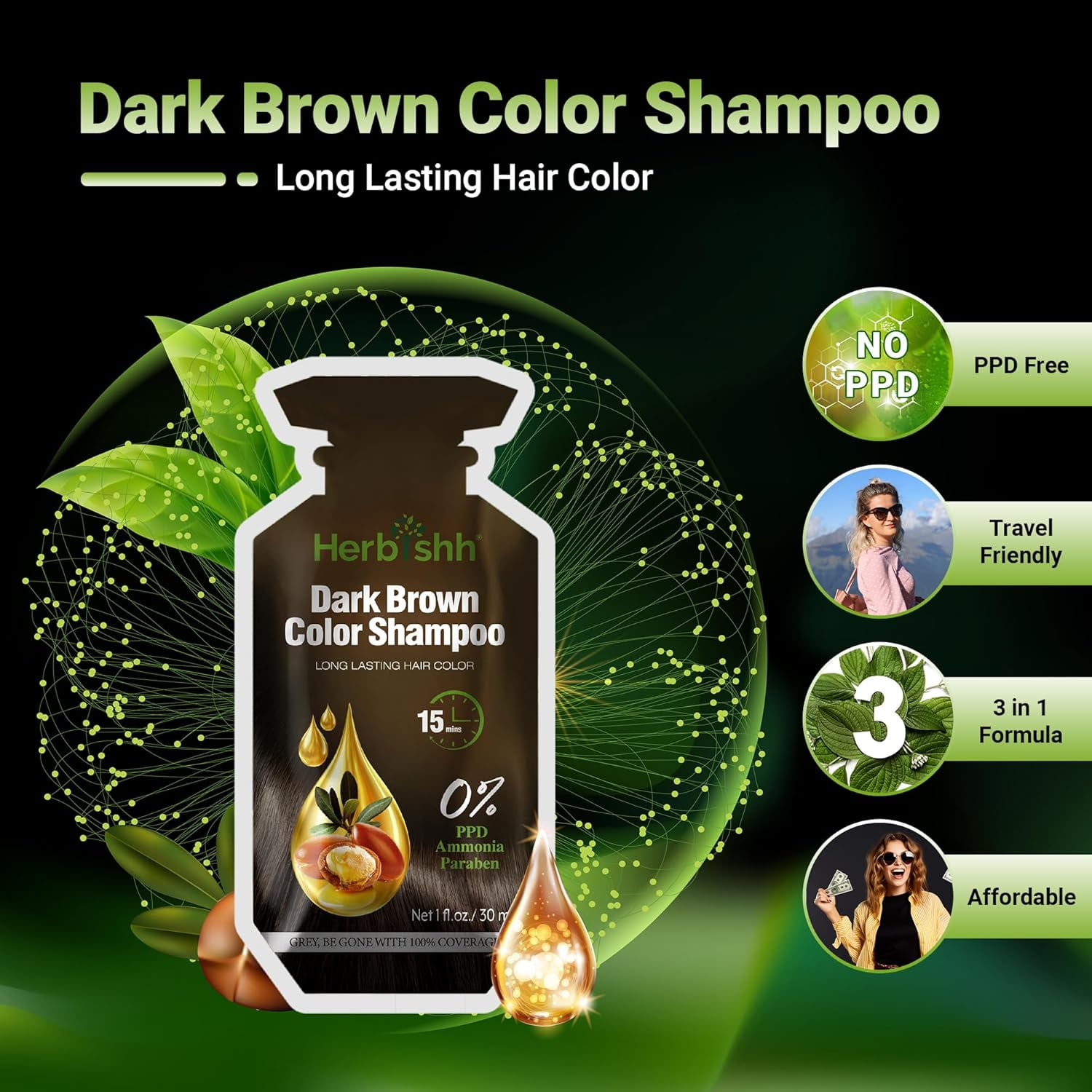 (2 pack) Herbishh Dark Brown PPD-Free Shampoo for Gray Hair, Travel-friendly Hair Dye Shampoo 3 in 1, 100% Gray Coverage, Permanent Hair Color for Men & Women, Ammonia-free, 30 ml