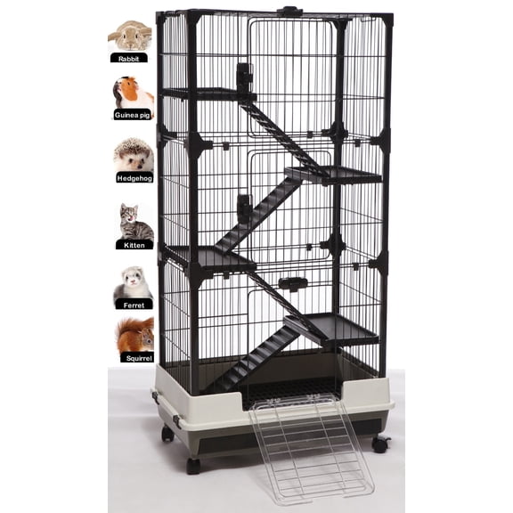 X-LARGE 52-inch Deluxe and Spacious 5-Level Indoor Outdoor Ferret Chinchilla Guinea Pig Cage Rabbit Hutch Paw Safe Solid Platform Ramp Mesh Floor Leakproof Tray Large Access Doors Lockable Casters