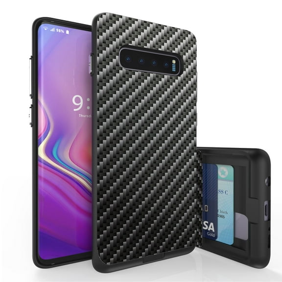 Galaxy S10  Case, Duo Shield Slim Wallet Case   Dual Layer Card Holder For Samsung Galaxy S10  [NOT S10 OR S10e] (Released 2019) Carbon Fiber Black