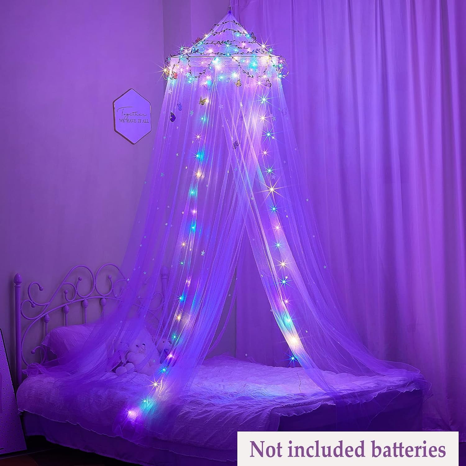 CAILDANL Bed Canopy for Girls Room Bed Canopy Curtains with Led Lights Mosquito Net DIY Princess Room Décor with Stars Butterflies for Kids Bedroom, Hot Pink
