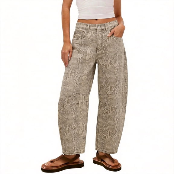Warop Women's Floral Print Bohemian Wide Leg Jeans, Loose Fit High Waist Denim Trousers for Casual and Daily Wear
