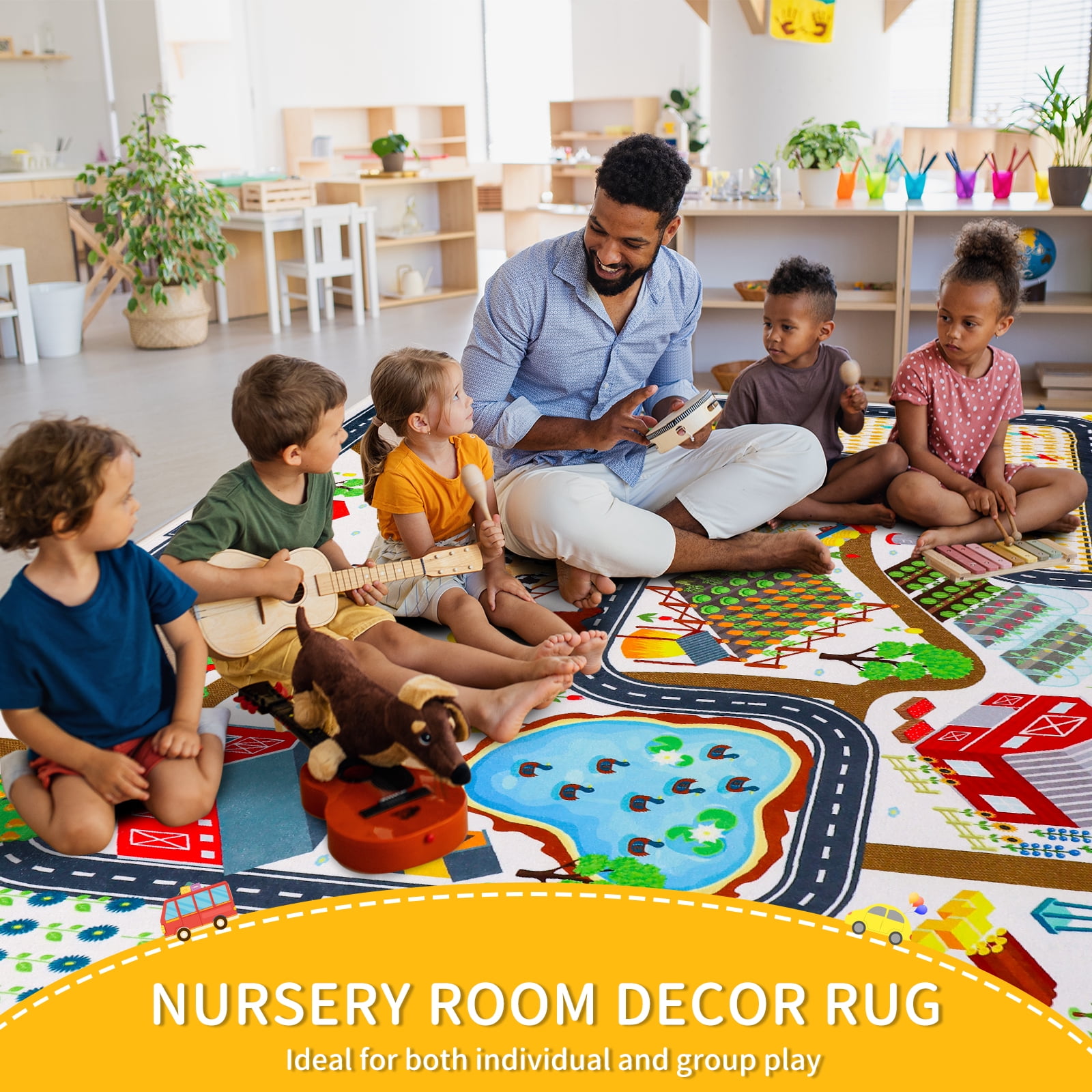 Kids Rug Car Rug for Toy Cars,Farm Life Road Traffic for Playroom Kid Car Road Rug Village Map Play Mat Non-Slip Washable Play Rug for Toddler Boy Family Tummy Time Playtime