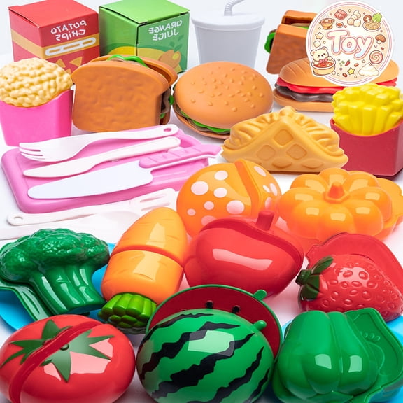 Cuttable Fruit Vegetable Food Set with Storage Basket, Pretend Play Toys, Kitchen Role Play Kit, Immersive Chef Simulation Game, Christmas Birthday Gifts, Toys for Toddler Baby Kids Boys Girls Age 3 