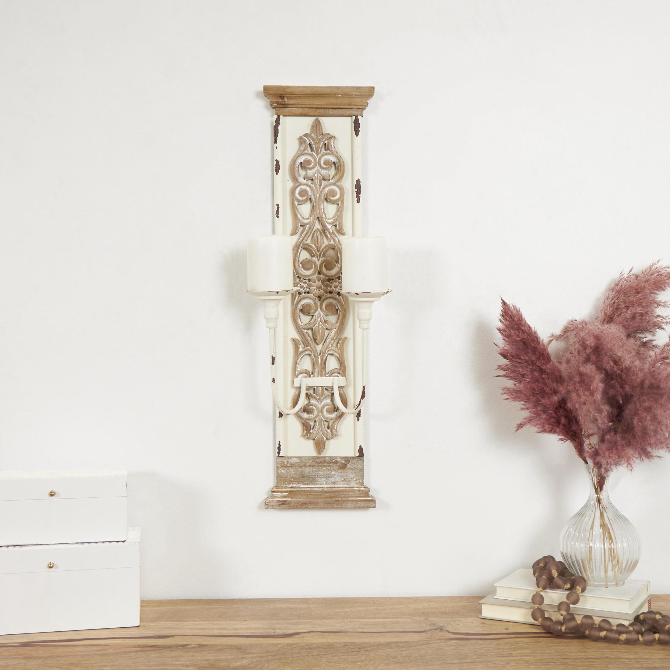 DecMode 2 Holder Brown Wood Scroll Pillar Wall Sconce
