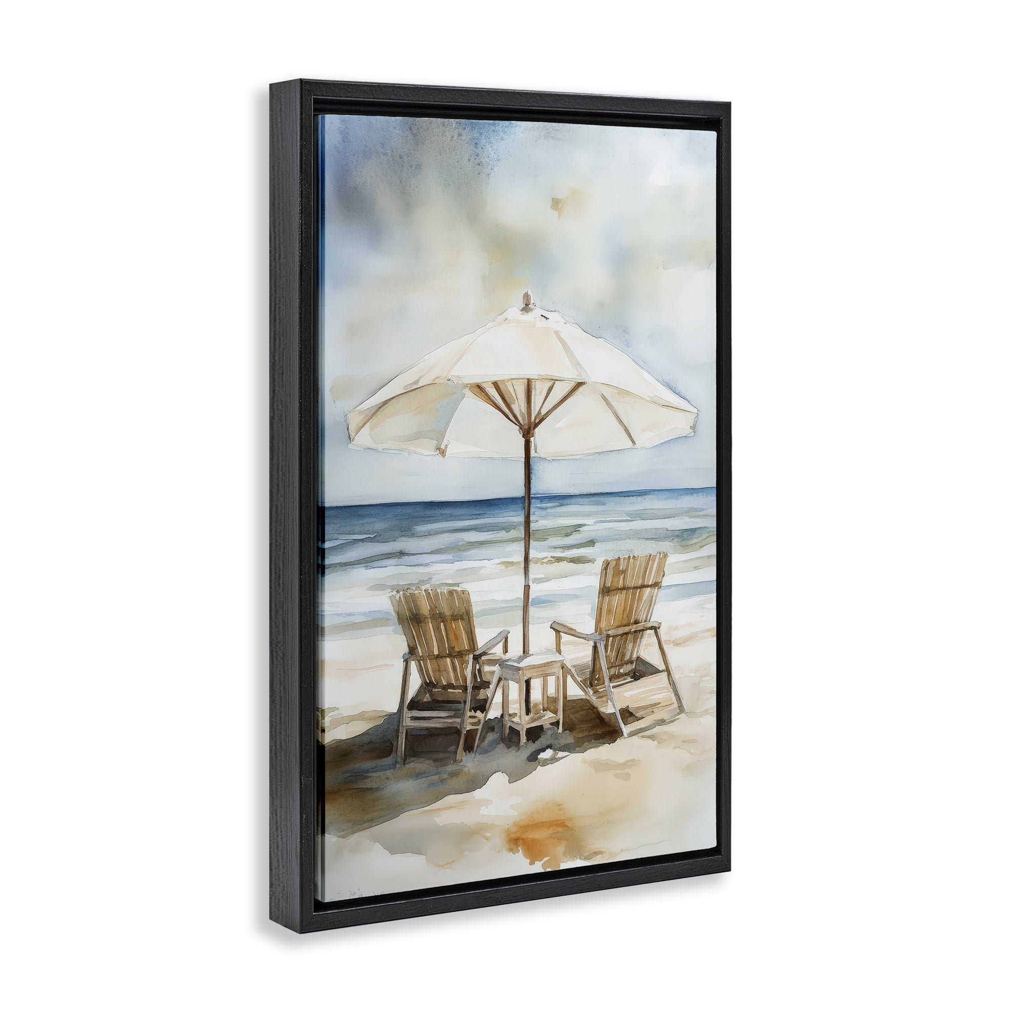 Stupell Industries Watercolor Paradise Beach Scene Black Framed Floater Canvas Wall Art, design by Petal Prints Design