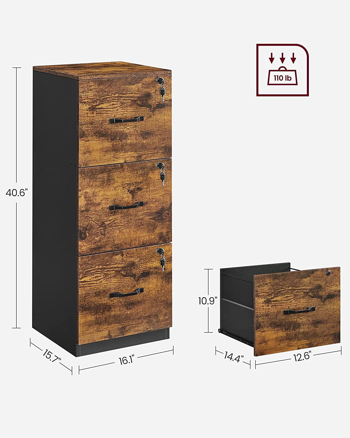 File Cabinet, Printer Stand with 3 Lockable Drawers, Adjustable Hanging Rails, Rustic Brown + Black