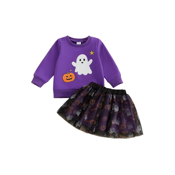 Cjfdfy Toddler Baby Girl Halloween Outfit Infant Baby Girls Fall Clothes 6 12 18 24 Months 2 3 4 5 Years Cute Ghost Pumpkin Embroidery Long Sleeve Sweatshirt with Tulle Tutu Skirt 2Pcs Set