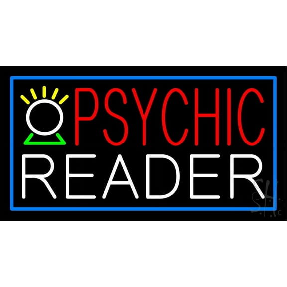 Red Psychic Reader Blue Border LED Neon Sign 20" Tall x 37" Wide - inches Black Square Cut Acrylic Backing, with Dimmer - Bright and Premium built indoor LED Neon Sign for Storefront.