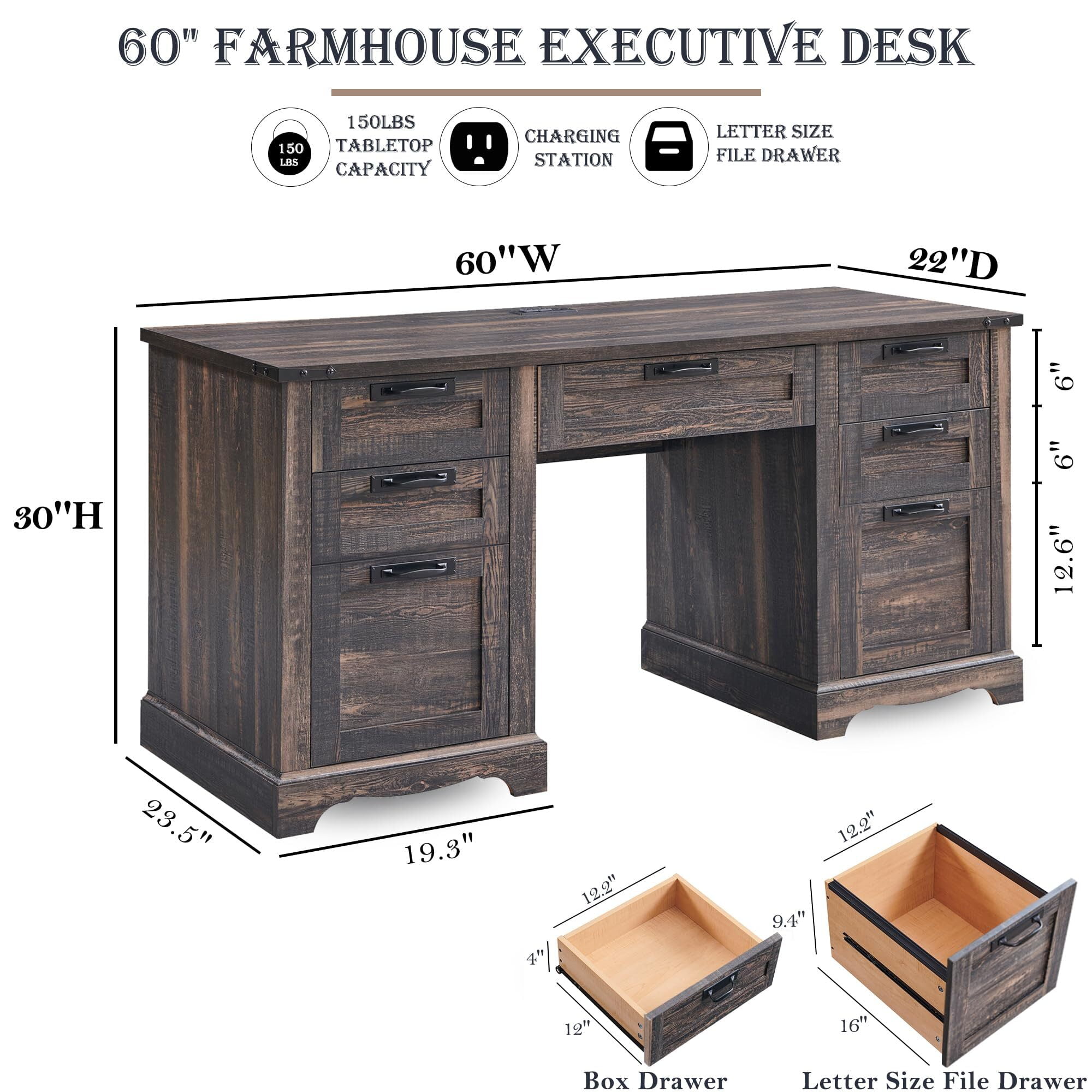 OKD Farmhouse Executive Desk, Rustic Office Desk with Charging Station and Keyboard Tray,Home Workstations with File Drawer, Storage Cabinet,Wood Computer Writing Desk, Dark Rustic Oak
