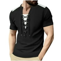 Mens Short Sleeve Pirate Henley Shirts Waffle Knit Lace Up V Neck Shirts Vintage Hippie Beach Summer Tops