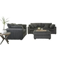 Roundhill Furniture Belvoir 3-Piece Living Room Set, Sofa Loveseat and Ottoman, Charcoal