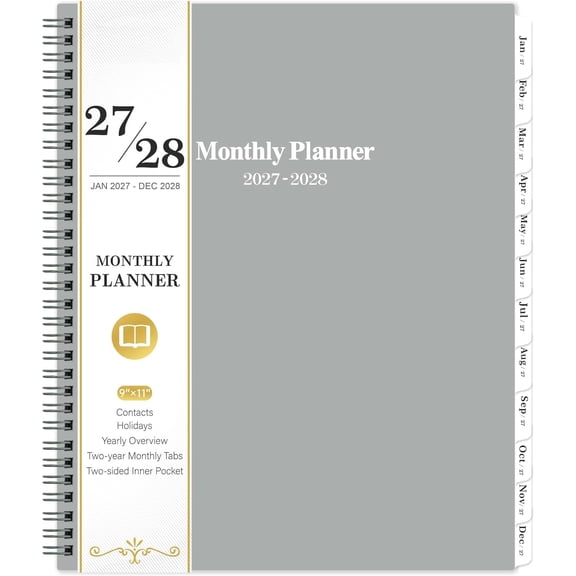 2027-2028 Monthly Planner/Calendar - 2 Year Monthly Planner 2027-2028 | 9'' x 11'', Jan 2027 - Dec 2028, 27-28 Monthly Planner with Monthly Tabs, Hard Cover, Inner Pocket - Grey
