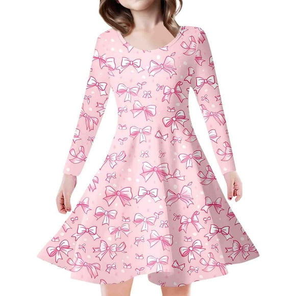 FhsagQ Dress for Girls Cuhk Girl/Child Bow Print Party Princess Dress Girls Easter Dresses Size 10-12 Winter Girls Dresses 10-12 6-7 Years