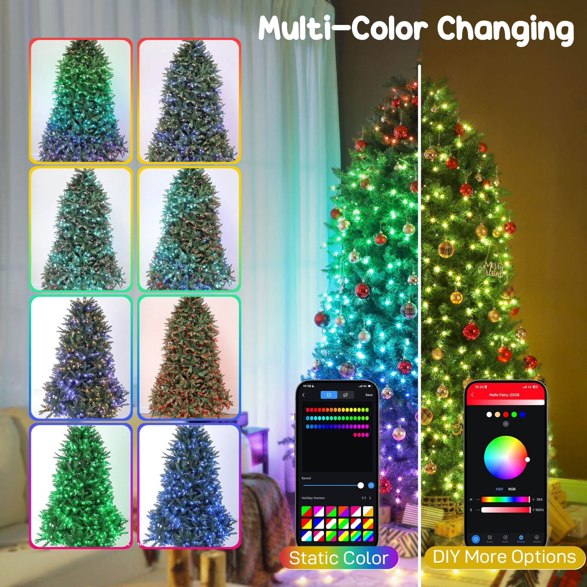 7.5 ft Prelit Christmas Tree with 698 Full-Spectrum LEDs, 2247 Tips, Smart App Control, Hinged Design, Indoor Holiday Decoration