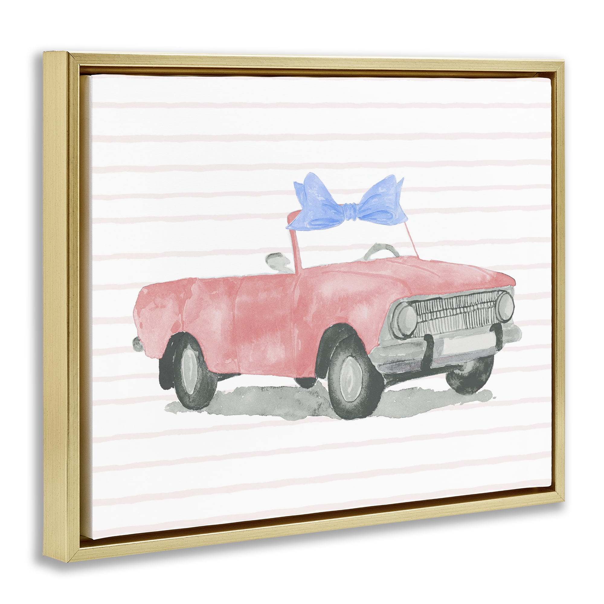 Stupell Industries Blue Bow on Antique Car Transportation Painting Gold Floater Framed Canvas Art Print Wall Art, 21 x 17
