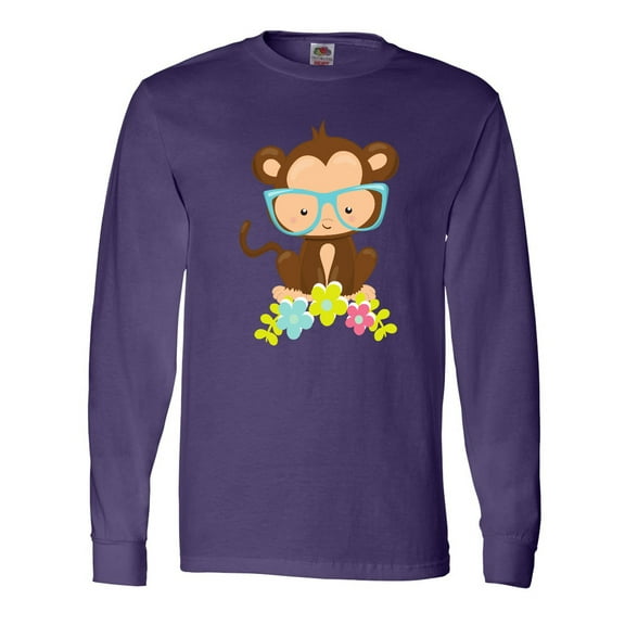 Inktastic Cute Monkey With Eyeglasses, Colorful Flowers Long Sleeve T-Shirt