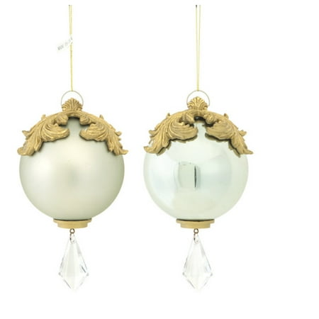 Set of 2 White and Gold Raised Acanthus Leaf with Clear Jewel Dangle Christmas Ornament 6.5"