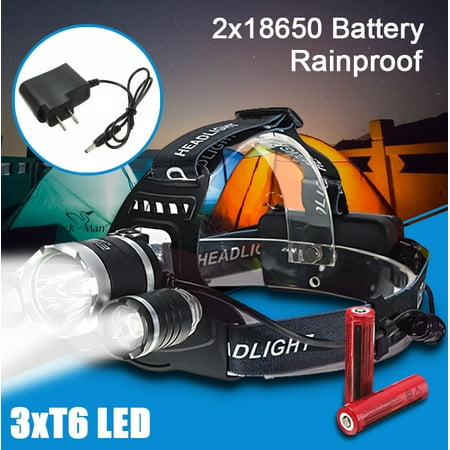 - 5000Lm 3x T6 LED Rechargeable Headlamp Headlight Night Fishing Head Light Torch Lamp Lantern Rainproof Outdoor Camping+ 2x18650 Battery + AC Wall Charger