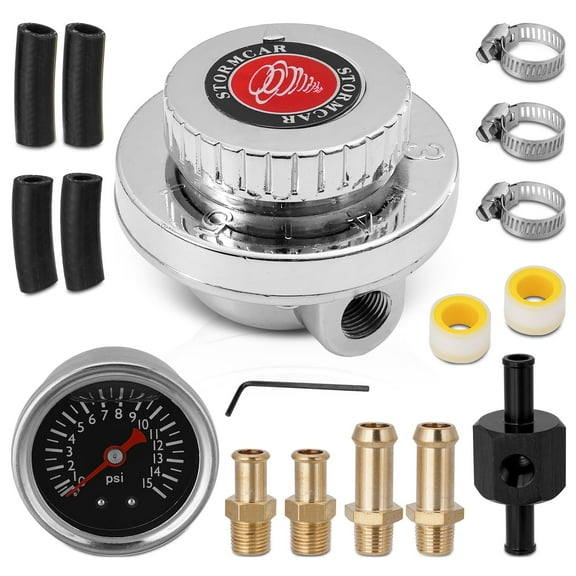 Universal Adjustable 1-5 PSI Carb Fuel Pressure Regulator Kit with 0-15 PSI Gauge, Fuel Block,Adapters