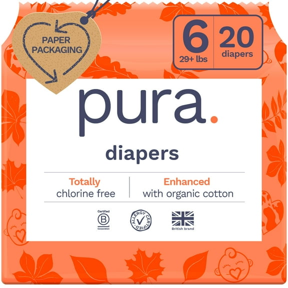 Pura Size 6 Eco-Friendly Diapers (29  lbs) Totally Chlorine Free (TCF) Hypoallergenic, Soft Organic Cotton, Sustainable, up to 12 Hours Leak Protection, Allergy UK, 1 Packs of 18 Diapers