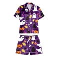 thumbnail image 3 of Women Halloween 2 Piece Pajama Sets, Button Down Short Sleeve Sleepwear, Ghost Pumpkin Print Shirts and Shorts, 3 of 3