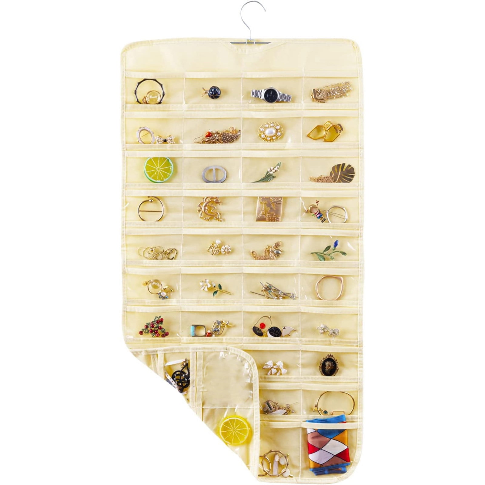 80 Pockets Hanging Jewelry Organizer for Earrings and Accessories with Steel Hanger in Beige for Closet and Wall Display