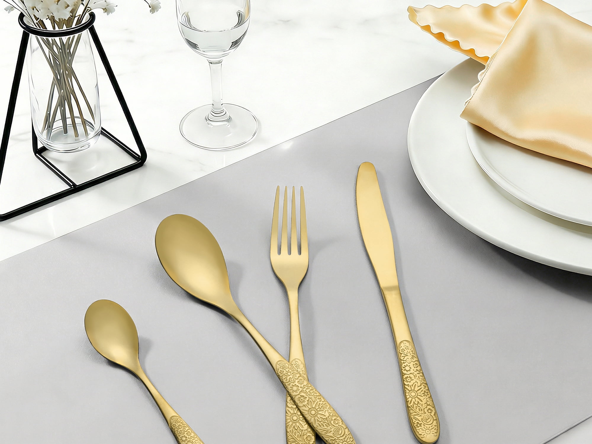 Unique Bargains 4 Piece Stainless Steel Floral Flatware Gold 4