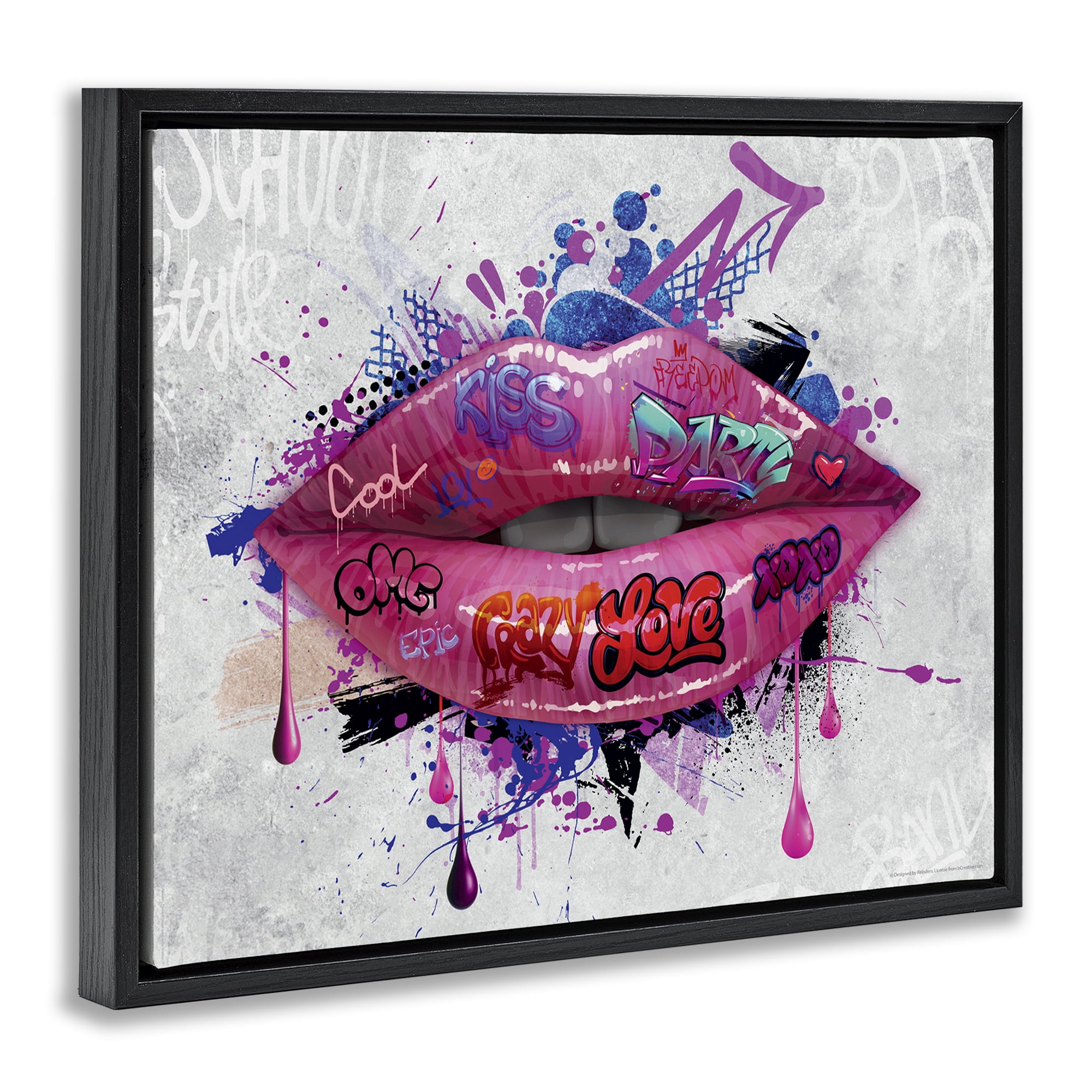 Stupell Industries Urban Graffiti Lips Abstract Painting Black Floater Framed Canvas Art Print Wall Art, 31 x 25