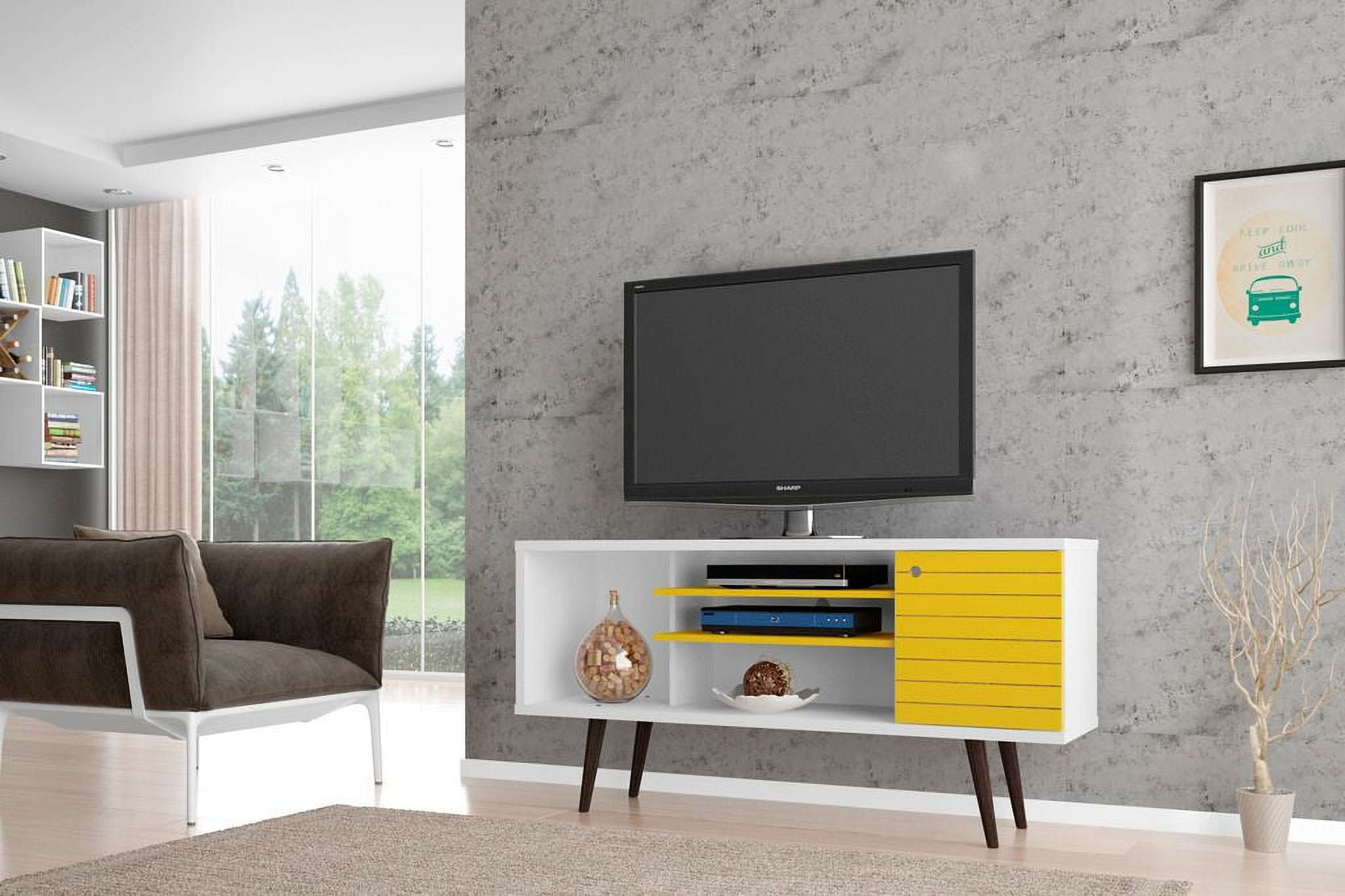 Liberty 53.14" Mid-Century Modern TV Stand with 5 Shelves and 1 Door  with Solid Wood Legs