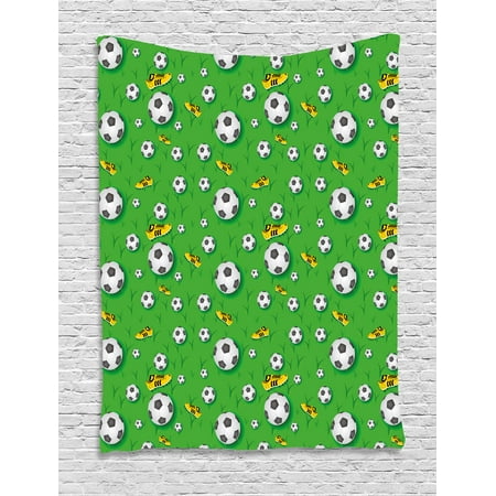 Soccer Tapestry, Professional Player Athletics Pattern Football Shoes Balls on Grass, Wall Hanging for Bedroom Living Room Dorm Decor, 40W X 60L Inches, Lime Green Yellow Black, by