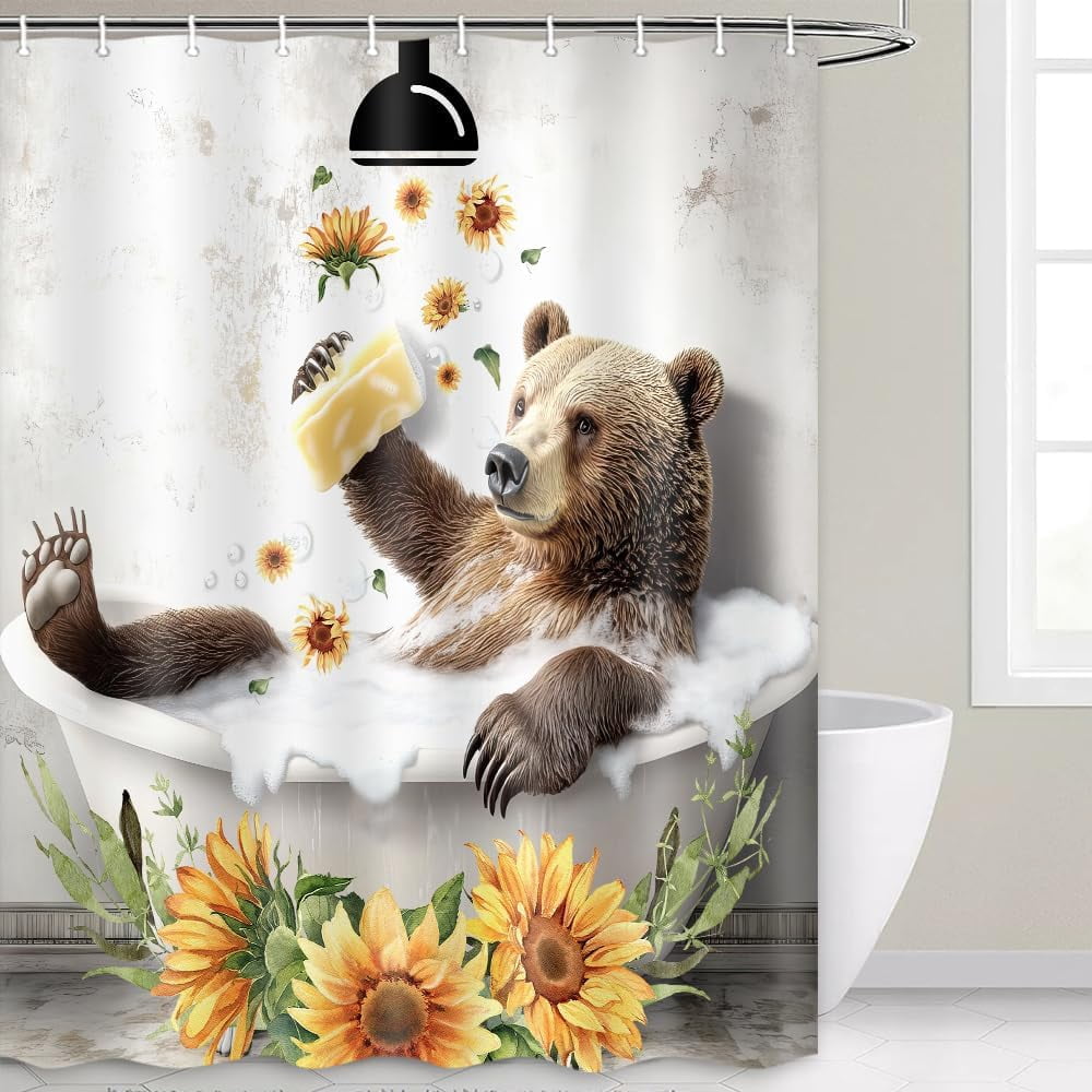 Funny Bear Shower Curtain Set, Brown Bear Animal Sunflower Flower Plant Bathtub Bathroom Shower Curtain,Polyester Fabric with Plastic Hooks, 72X72in