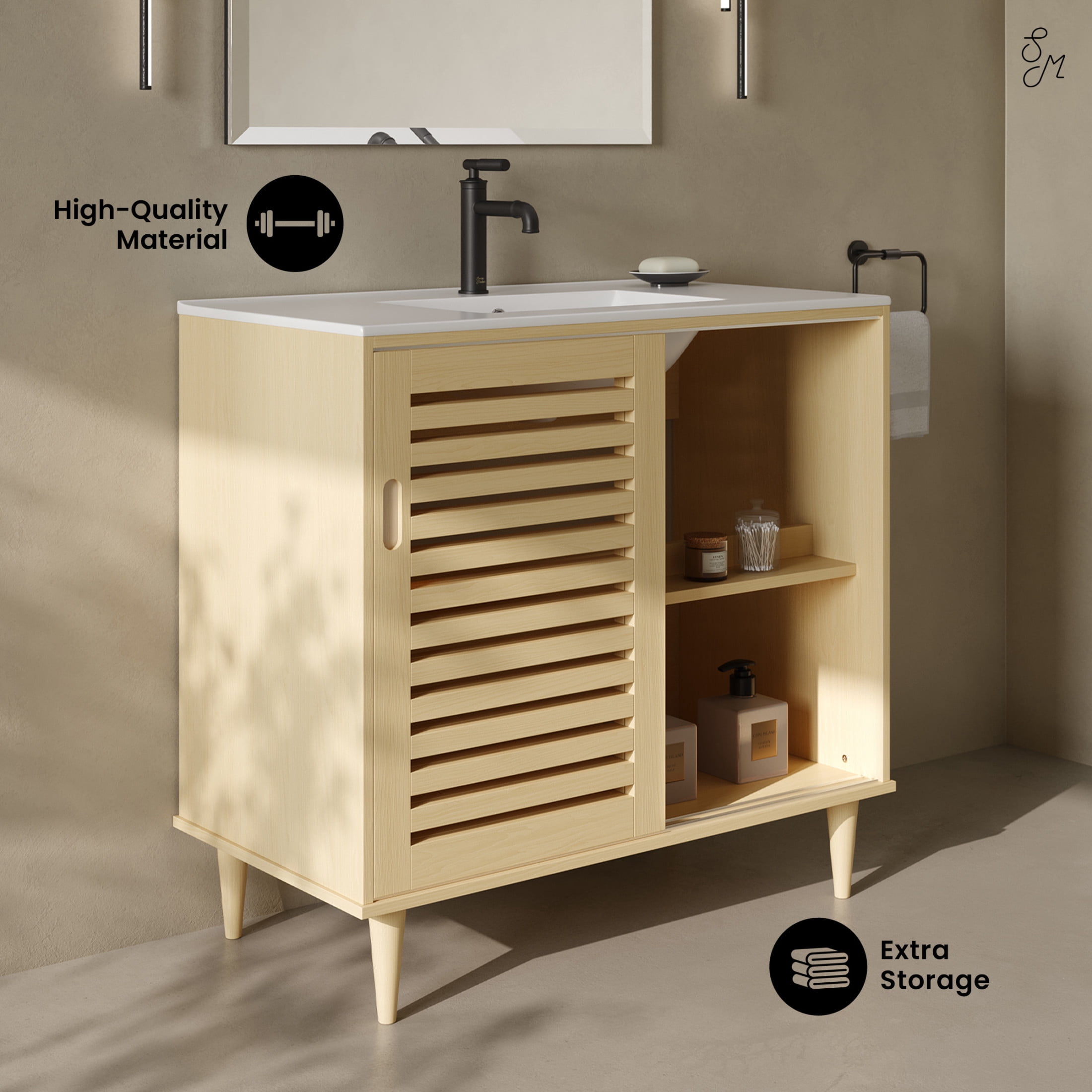 Delice 36" Freestanding Bathroom Vanity in Natural Oak with Sink Top