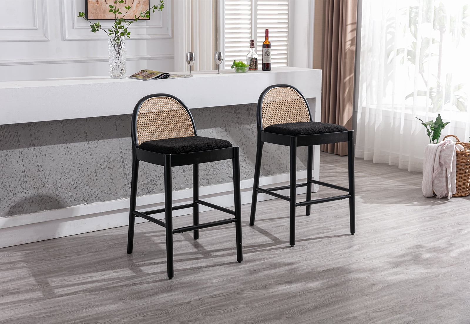 Guyou Modern Bar Stools Set of 2, 30" Counter Height Bar Stools with Natural Rattan Back and Solid Wood Frame, Sherpa Upholstered Kitchen Island Chairs for Bar Island Cafe Kitchen, Black