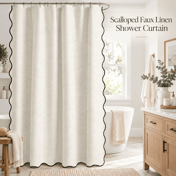 OZERA Birch Scalloped Linen Shower Curtain 72x72 Inches | Linen Textured, Waterproof, Washable, 12 Metal Hooks, Heavy Duty Cloth, Black Border, Shower Curtain for Bathroom Bathtub