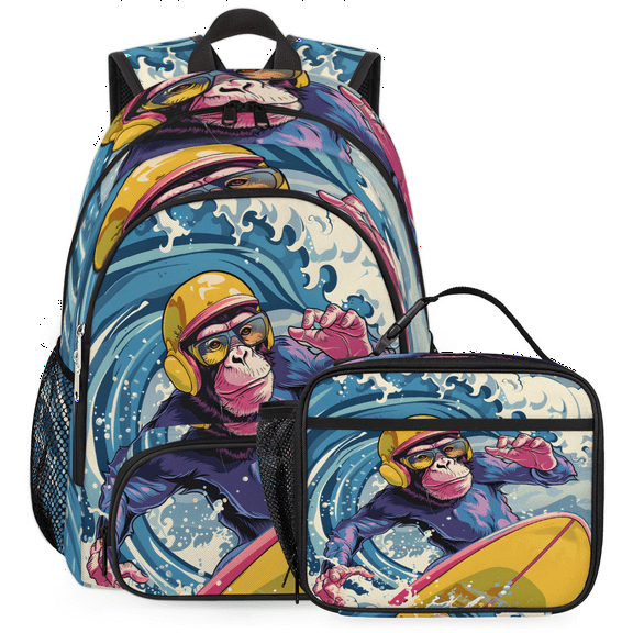 Herdesigns Monkey Backpack with Lunch Box Funny Lightweight Large Travel Work Laptop Backpacks Set Casual Daypacks