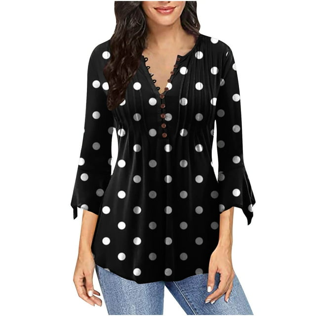 Womens Blouses and Tops Casual Womens Casual Trumpet 3/4 Sleeve Printing Buttoned Basic Ruched Corset Tunic Tops Pleated T-Shirts Blouses Womens Tunic Tops 3/4 Sleeve Sexy Womens Tops
