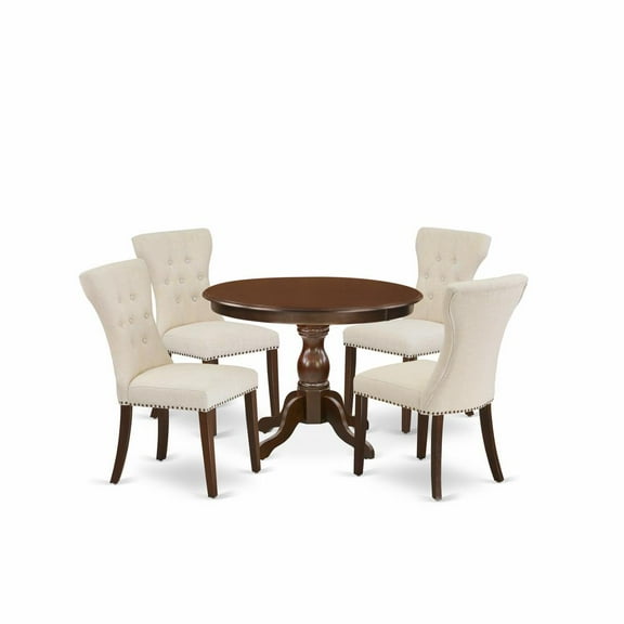 East West Furniture HBGA5-MAH-32 5 Piece Kitchen Set - Mahogany Small Dining Table and 4 Light Beige Linen Fabric Dining Chairs Button Tufted Back with Nail Heads - Mahogany Finish