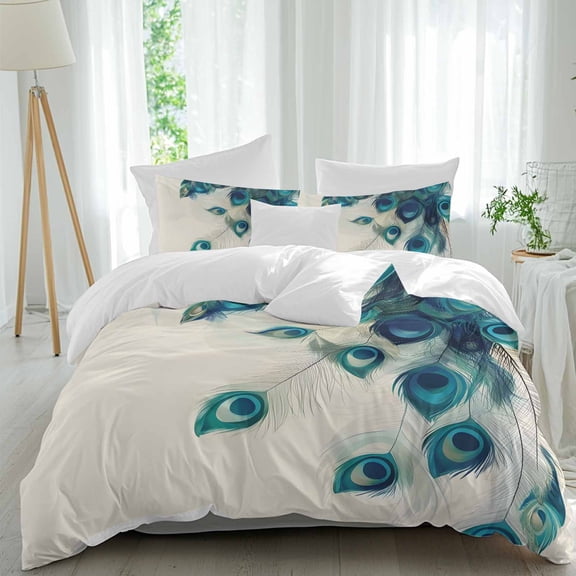 3 Piece Peacock Feather Duvet Cover Set Twin Size,Microfiber Comforter/Quilt Cover with Corner Ties and 2 Pillowcases,Teal Ethnic Rustic Farmhouse Elegant All Season Soft Bedding with Zipper Closure