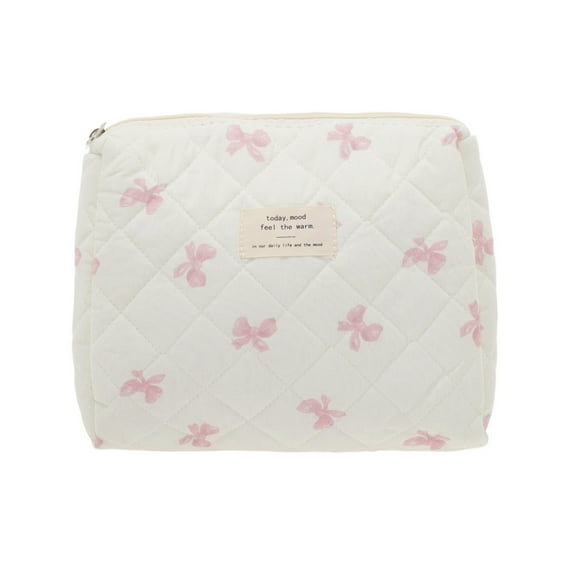 Unique Bargains 1 Pc Bow Quilting Makeup Bag White Pink Cotton Fabric