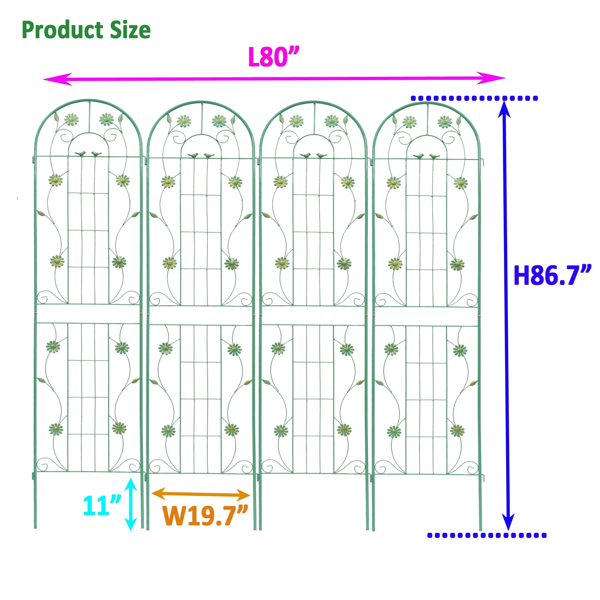 Miniyam 4 Pack 86.7x19.7in Arch Garden Trellis with Green Metal Coating – Perfect for Supporting Climbing Plants Outdoor(Flower Green)