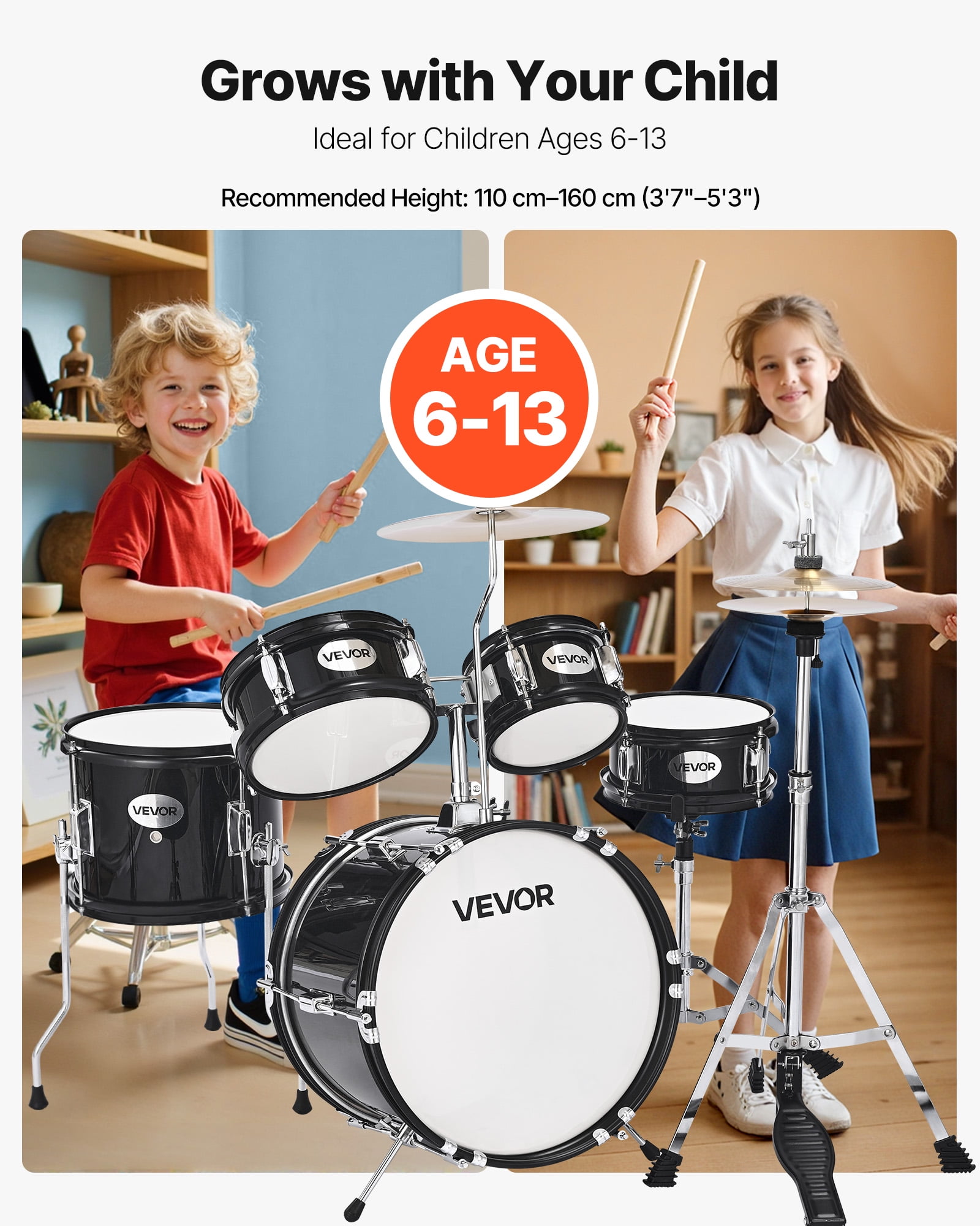 VEVOR Kids Drum Set,5-Piece 14 in Junior Drum Sets, Beginner Drums Set with Adjustable Throne, Cymbal & Two Pairs of Drumsticks, Musical Learning Drums Kit(Black)