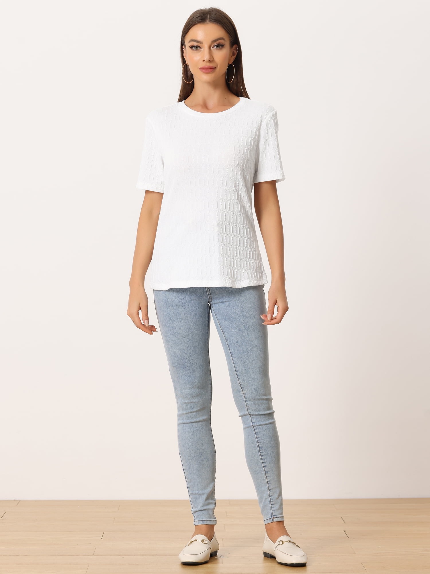 DARING DIVA Women's Casual Summer T-Shirt Round Neck Basic Textured Top XS White