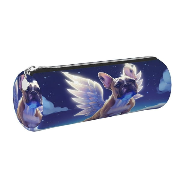 Disketp Night Sky Winged French Bulldog Estuche Organizador de Lápices de Cuero, Estuche de Oficina con Cremallera para Bolígrafo y Lápiz