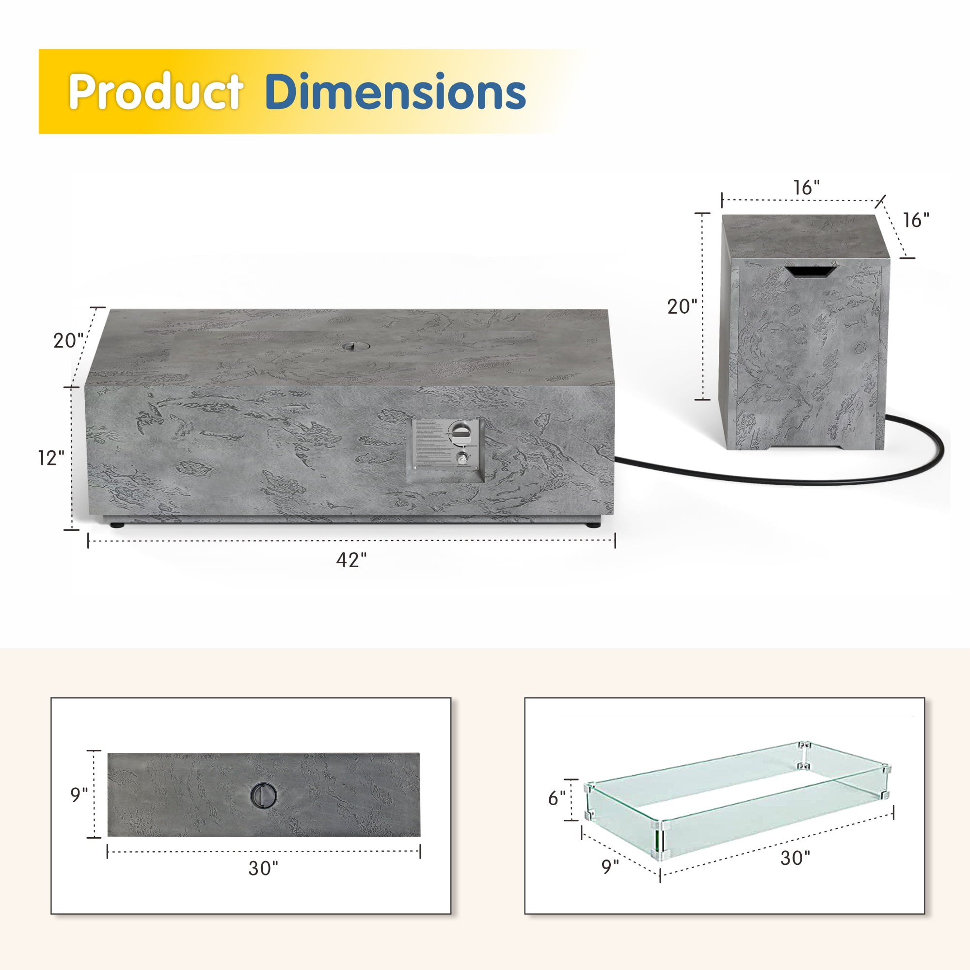 42 in. Retangular Coating Steel Propane Firepit Table, 50,000 BTU Outdoor Fire Pit Table in Gray-Rock Veins