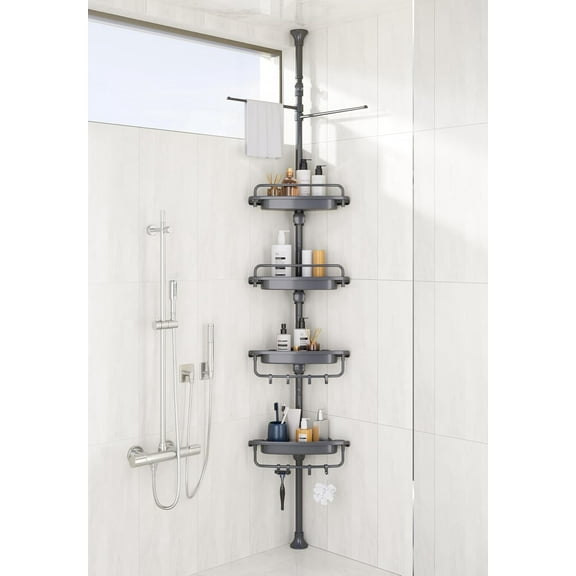 32-122inch Corner Shower Caddy Tension Pole Grey, Rustproof Drill-Free Shower Shelves for Bathroom Bathtub Washbasin, Adjustable Shower Organizer with 4 Tier Patent Stable Shelves & Towel Bars