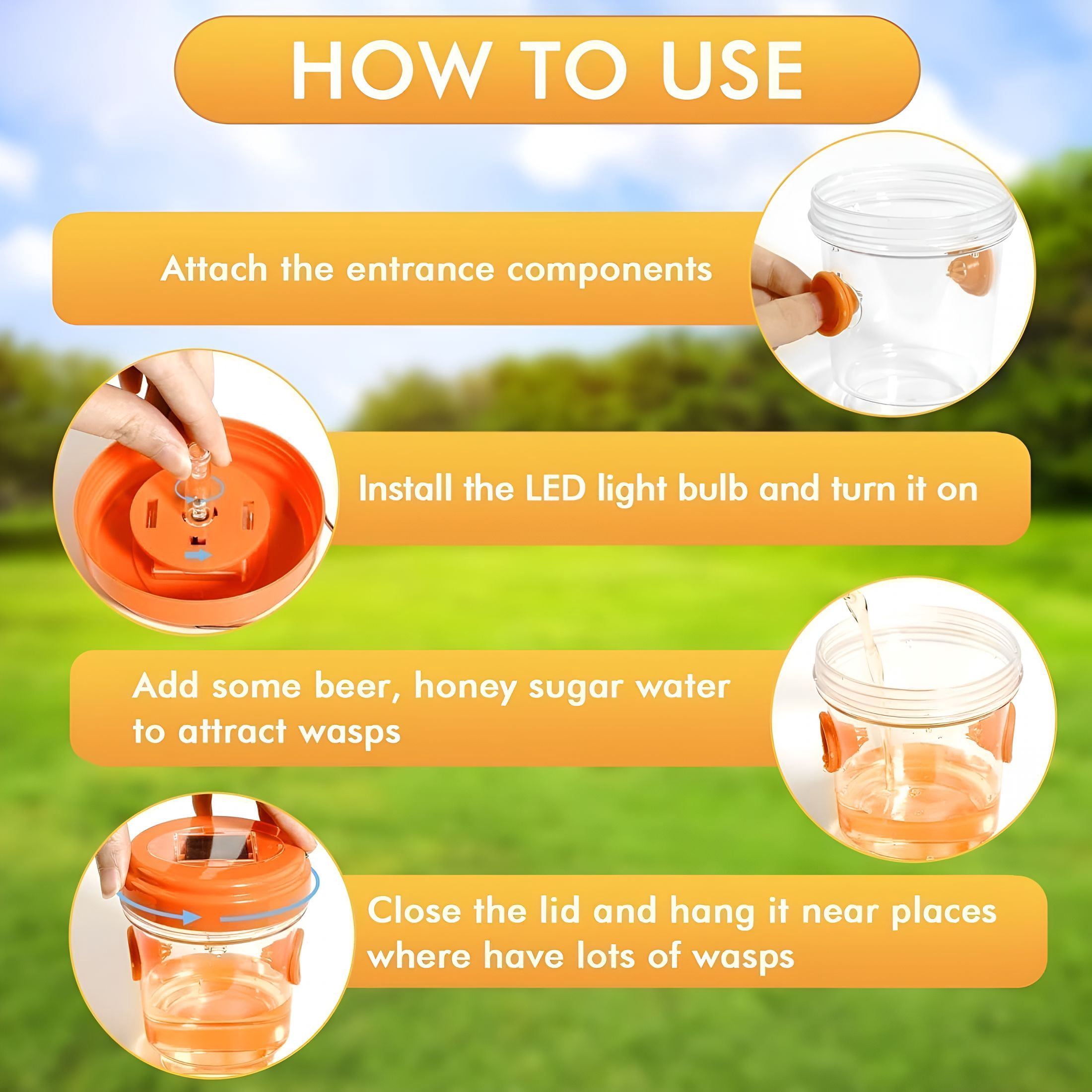 QARUN Wasp Traps for Wasps, Bees, Hornets, Insects, Yellow Jacket Traps, Wasp Trap Catcher, Reusable Solar Powered Hanging for Outdoor, 4 Packs