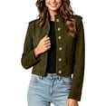 thumbnail image 2 of LEKWK Suede Jacket Women Button Down Stand Collar Cropped Coat Long Sleeve Relaxed Fit Vintage Casual Fall Fashion Outerwear Green L, 2 of 7