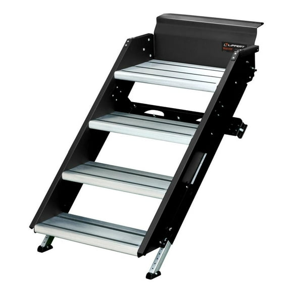 Lippert Components Step d'Entrée 791575 SolidStep 3.0; 4 Marches Manuelles Rabattables; avec Montée de 8 Pouces; Capacité de 400 Livres; Marche à Bord Carré avec Marche Antidérapante; Acier Noir avec Marches en Aluminium